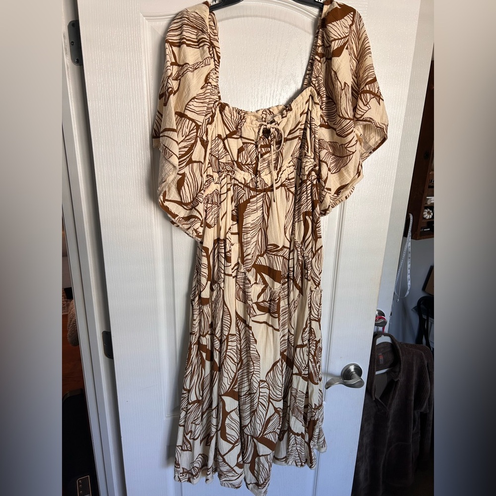 Cream and Brown Printed Puff-Sleeve Maxi Dress